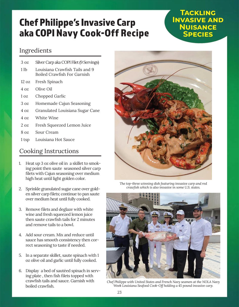 Original recipe page: Chef Philippe’s Invasive Carp aka COPI Navy Cook-Off Recipe
